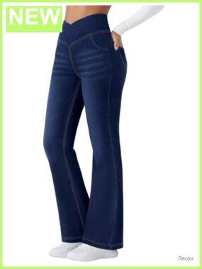Womens Crossover High Waisted Flare Bootcut Pull On Stretch Jeans